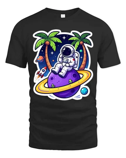Astronaut Beach T-Shirt Space Vacation Galaxy Graphic Tee - black t-shirt on white background