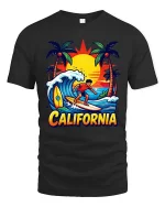 California Surfing T-Shirt Sunset Beach Surfer Graphic Tee - black t-shirt on white background