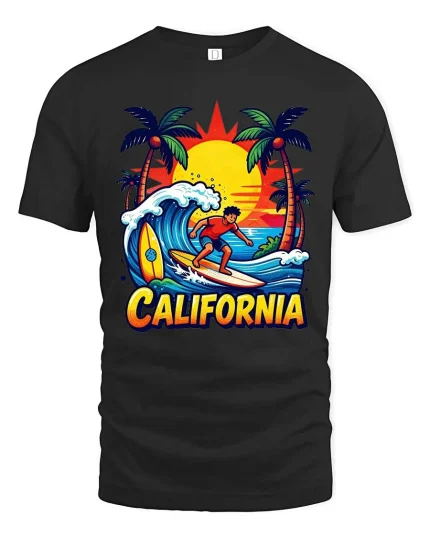 California Surfing T-Shirt Sunset Beach Surfer Graphic Tee - black t-shirt on white background