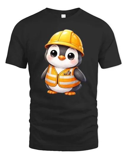 Cute Penguin Construction Worker T-Shirt Builder Graphic Tee - black t-shirt on white background