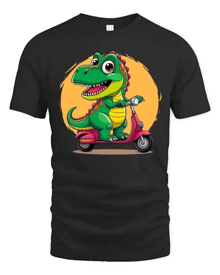 Cute Dinosaur Riding Scooter T-Shirt Funny Dino Graphic Tee - black t-shirt on white background