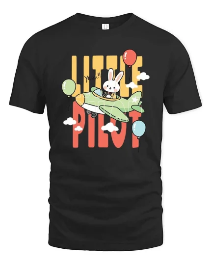 Little Pilot Bunny T-Shirt Cute Rabbit Airplane Graphic Tee - black t-shirt on white background