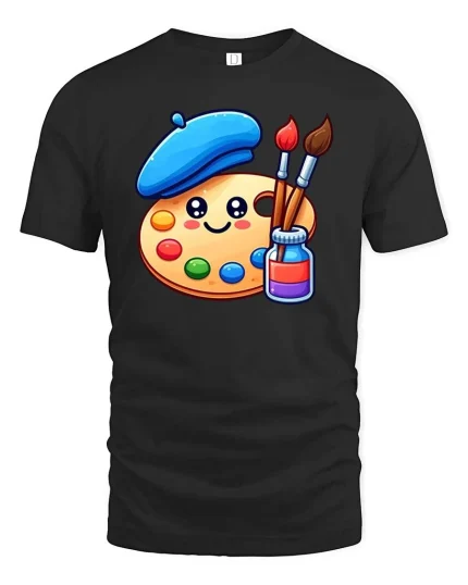Cute Artist Palette T-Shirt Cartoon Painter Graphic Tee - black t-shirt on white background