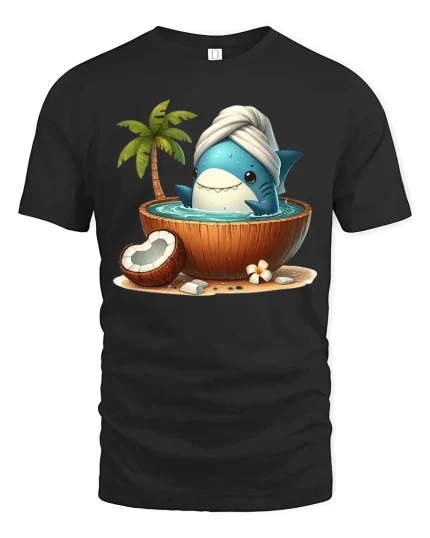Cute Shark Coconut Spa T-Shirt Funny Beach Shark Graphic Tee - black t-shirt on white background