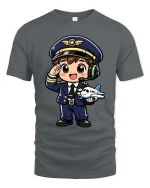 Cute Pilot Cartoon T-Shirt Airplane Captain Graphic Tee Gift - gray t-shirt on white background