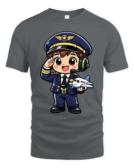 Cute Pilot Cartoon T-Shirt Airplane Captain Graphic Tee Gift - gray t-shirt on white background