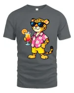 Cool Leopard Vacation T-Shirt Tropical Drink Graphic Tee - gray t-shirt on white background