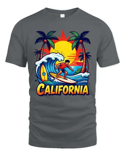 California Surfing T-Shirt Sunset Beach Surfer Graphic Tee - gray t-shirt on white background