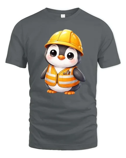 Cute Penguin Construction Worker T-Shirt Builder Graphic Tee - gray t-shirt on white background