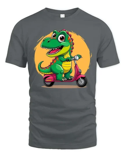 Cute Dinosaur Riding Scooter T-Shirt Funny Dino Graphic Tee - gray t-shirt on white background