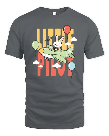 Little Pilot Bunny T-Shirt Cute Rabbit Airplane Graphic Tee - gray t-shirt on white background