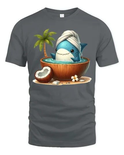 Cute Shark Coconut Spa T-Shirt Funny Beach Shark Graphic Tee - gray t-shirt on white background