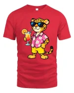 Cool Leopard Vacation T-Shirt Tropical Drink Graphic Tee - red t-shirt on white background