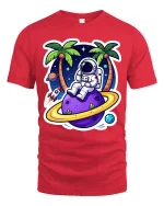 Astronaut Beach T-Shirt Space Vacation Galaxy Graphic Tee - red t-shirt on white background