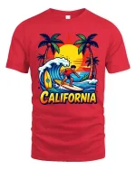 California Surfing T-Shirt Sunset Beach Surfer Graphic Tee - red t-shirt on white background
