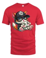 Cute Hacker Cat T-Shirt Funny Anonymous Mask Graphic Tee - red t-shirt on white background