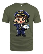 Cute Pilot Cartoon T-Shirt Airplane Captain Graphic Tee Gift - military green t-shirt on white background