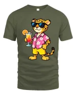 Cool Leopard Vacation T-Shirt Tropical Drink Graphic Tee - military green t-shirt on white background