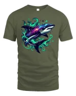 Galaxy Shark T-Shirt Cosmic Ocean Predator Graphic Tee - military green t-shirt on white background