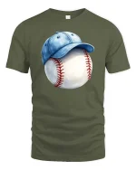 Baseball Cap Ball T-Shirt Classic Baseball Fan Graphic Tee - military green t-shirt on white background