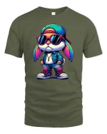 Cool Street Bunny T-Shirt Hip Hop Rabbit Graphic Tee - military green t-shirt on white background