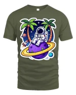 Astronaut Beach T-Shirt Space Vacation Galaxy Graphic Tee - military green t-shirt on white background