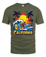 California Surfing T-Shirt Sunset Beach Surfer Graphic Tee - military green t-shirt on white background