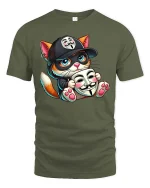 Cute Hacker Cat T-Shirt Funny Anonymous Mask Graphic Tee - military green t-shirt on white background