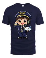 Cute Pilot Cartoon T-Shirt Airplane Captain Graphic Tee Gift - navy t-shirt on white background