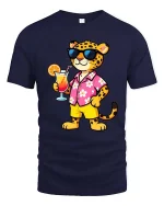 Cool Leopard Vacation T-Shirt Tropical Drink Graphic Tee - navy t-shirt on white background