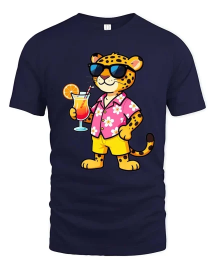 Cool Leopard Vacation T-Shirt Tropical Drink Graphic Tee - navy t-shirt on white background