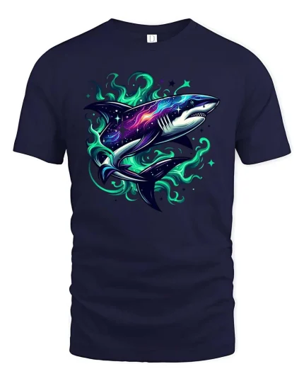 Galaxy Shark T-Shirt Cosmic Ocean Predator Graphic Tee - navy t-shirt on white background