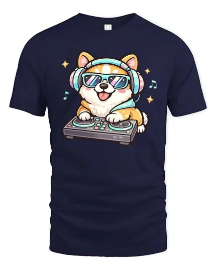 Cute DJ Dog T-Shirt Music Party Puppy Graphic Tee - navy t-shirt on white background