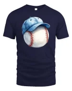 Baseball Cap Ball T-Shirt Classic Baseball Fan Graphic Tee - navy t-shirt on white background