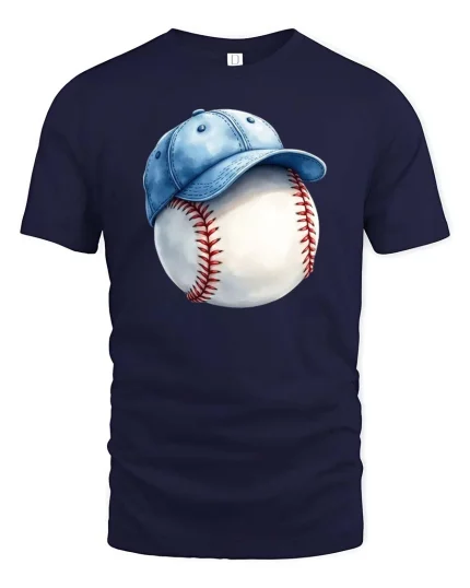 Baseball Cap Ball T-Shirt Classic Baseball Fan Graphic Tee - navy t-shirt on white background