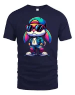 Cool Street Bunny T-Shirt Hip Hop Rabbit Graphic Tee - navy t-shirt on white background