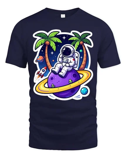 Astronaut Beach T-Shirt Space Vacation Galaxy Graphic Tee - navy t-shirt on white background