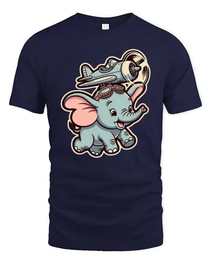 Cute Pilot Elephant T-Shirt Vintage Airplane Graphic Tee - navy t-shirt on white background