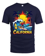 California Surfing T-Shirt Sunset Beach Surfer Graphic Tee - navy t-shirt on white background
