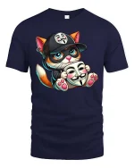 Cute Hacker Cat T-Shirt Funny Anonymous Mask Graphic Tee - navy t-shirt on white background