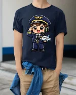 Cute Pilot Cartoon T-Shirt Airplane Captain Graphic Tee Gift - model wearing navy tee with hands in pockets