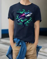 Galaxy Shark T-Shirt Cosmic Ocean Predator Graphic Tee - model wearing navy tee with hands in pockets