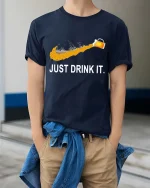 Just Drink It Beer T-Shirt Funny Beer Lover Graphic Tee - model wearing navy tee with hands in pockets