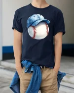 Baseball Cap Ball T-Shirt Classic Baseball Fan Graphic Tee - model wearing navy tee with hands in pockets