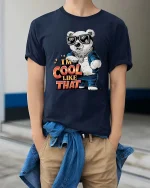 Cool Polar Bear T-Shirt I’m Cool Like That Graphic Tee - model wearing navy tee with hands in pockets