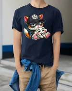 Cute Hacker Cat T-Shirt Funny Anonymous Mask Graphic Tee - model wearing navy tee with hands in pockets