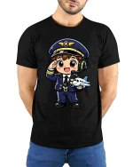 Cute Pilot Cartoon T-Shirt Airplane Captain Graphic Tee Gift - model wearing black tee with hands behind back