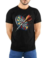 Dartboard Bullseye T-Shirt Precision Darts Player Graphic - model wearing black tee with hands behind back