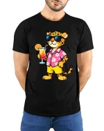 Cool Leopard Vacation T-Shirt Tropical Drink Graphic Tee - model wearing black tee with hands behind back