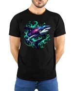 Galaxy Shark T-Shirt Cosmic Ocean Predator Graphic Tee - model wearing black tee with hands behind back